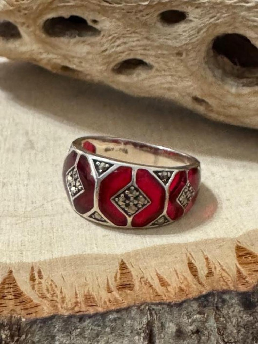 VINTAGE Sterling Silver Marcasite Red Ring by PRANDA Size 6